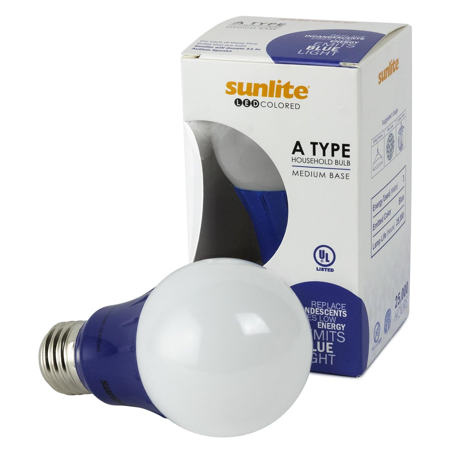 Sunlite A19/3W/B/LED/6PK LED Colored A19 3W Light Bulbs with Medium (E26) Base, Blue