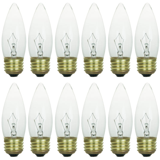 Sunlite 25ETC/32/12PK 25W Incandescent Torpedo Tip Chandelier with Crystal Clear Light Bulb and Medium E26 Base (12 Pack)