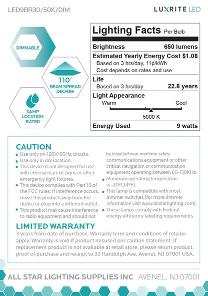 Luxrite LED BR30 Reflector Light Bulb, 9W, 650 Lumens, 5000K - Bright White, 80 CRI, Frosted White Finish, Dimmable, Pack of 7 (LR31854)