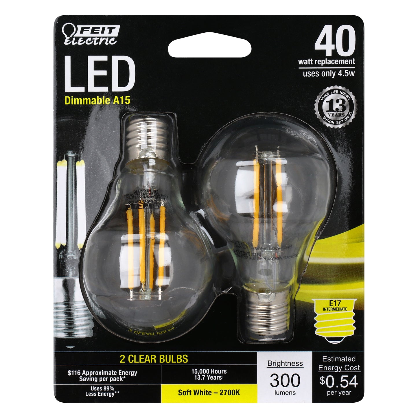 40-Watt Equivalent Soft White A15 Candelabra Base Filament LED (2-Pack)