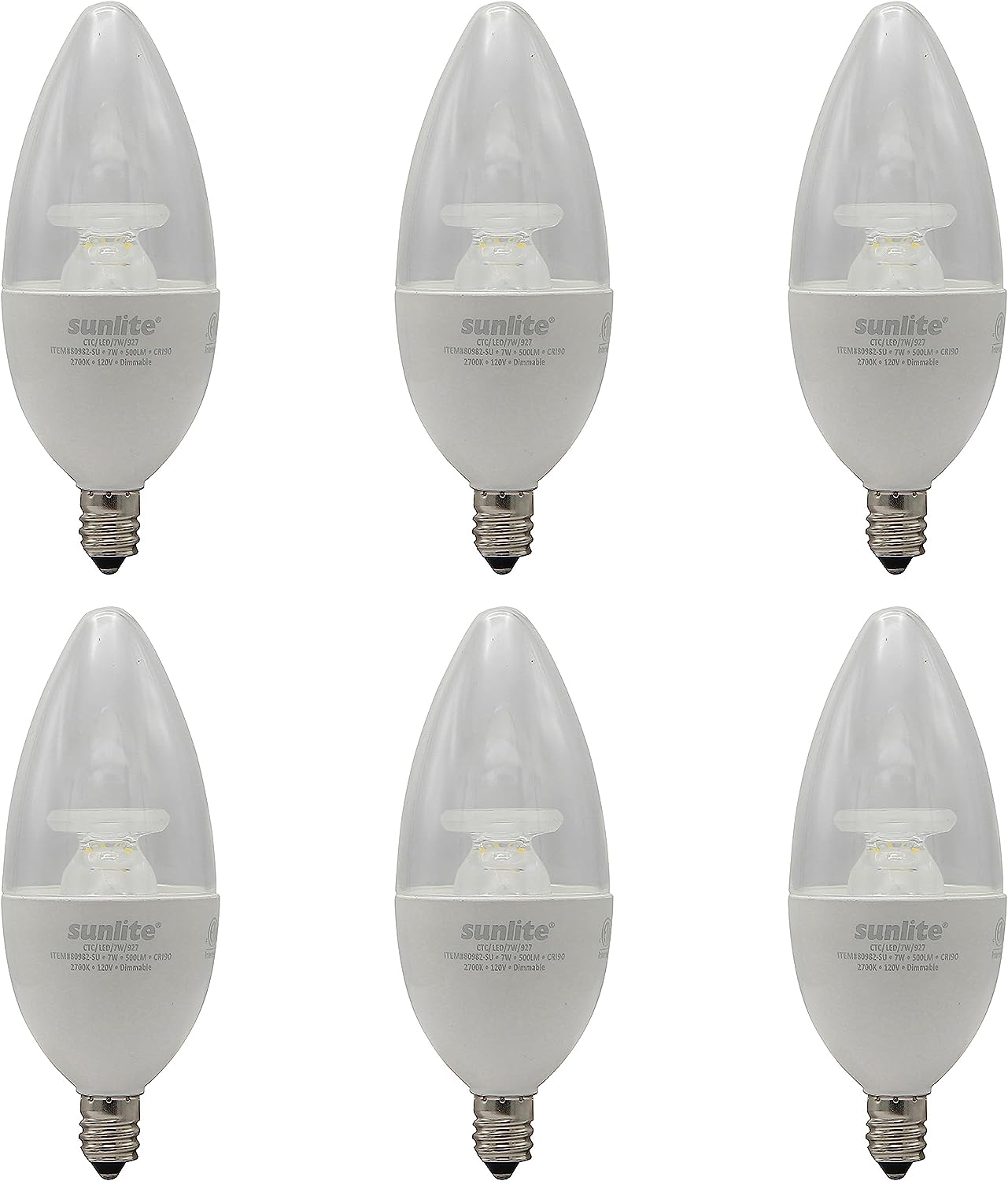 Sunlite 80982 LED B12 Clear Chandelier CTC Light Bulb, 7 Watts (60W=), 500 Lm, 120V, Dimmable, E12 Base, Energy Star, 90 CRI, ETL Listed, Torpedo Tip, 2700K Soft White, Title-20 Compliant, 6 Pack