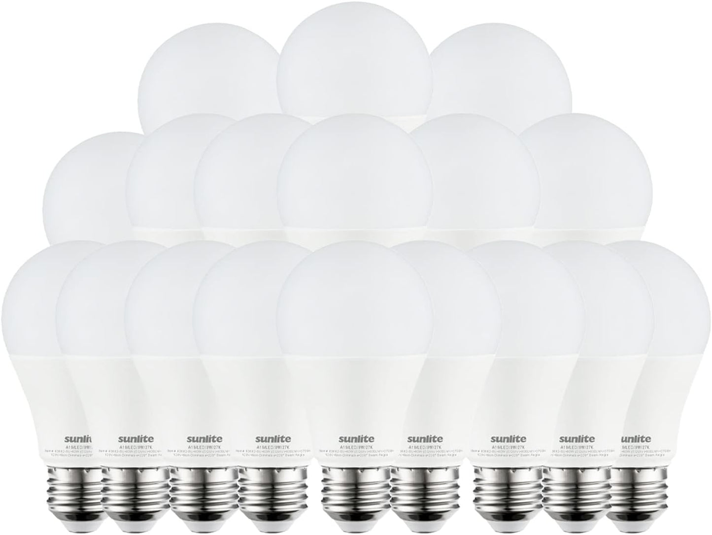 Sunlite LED A19 Light Bulbs, 9 Watts (60W Equivalent), 800 Lumens, Medium Base (E26), Non-Dimmable, Frost, UL Listed, 2700K Warm White - 18 Pack