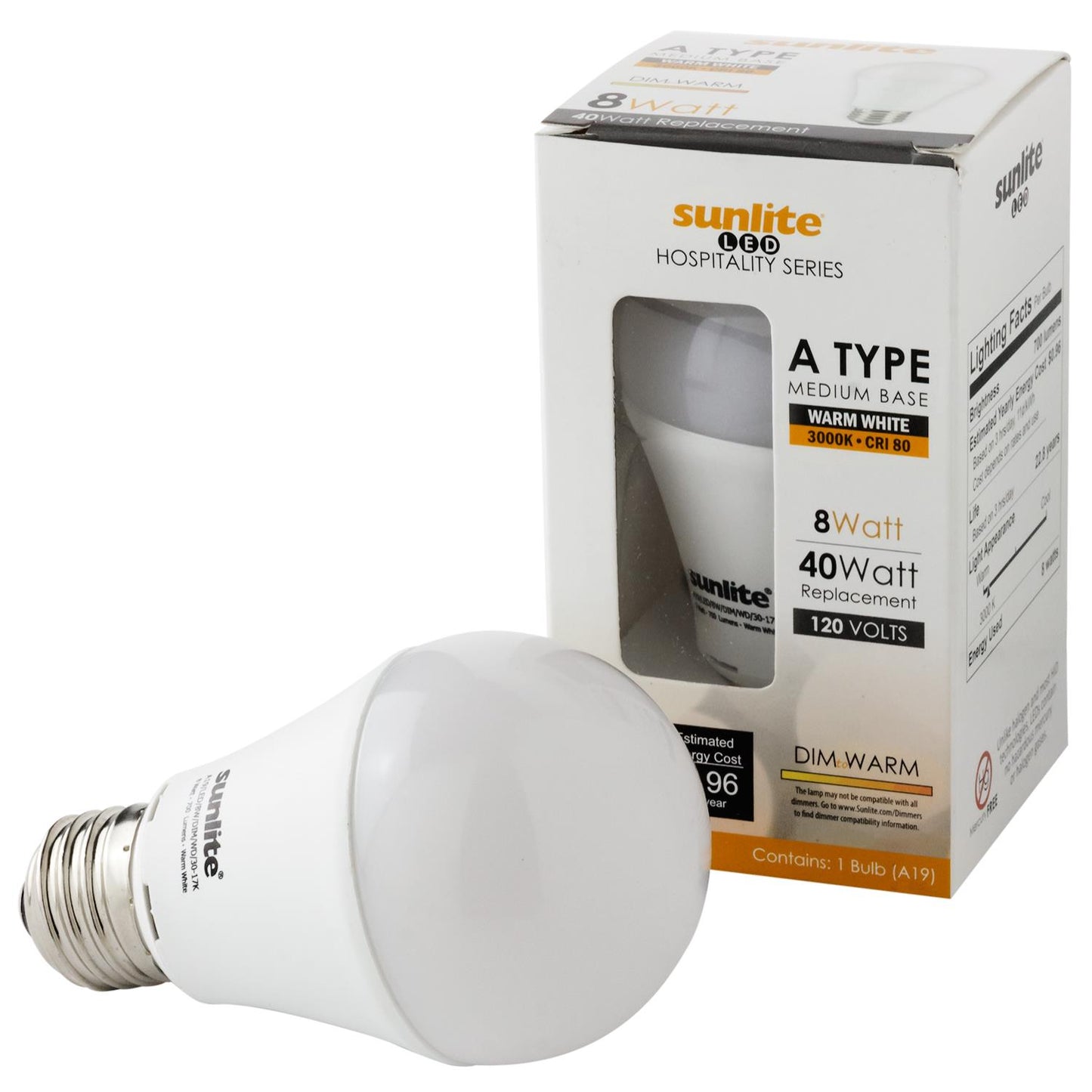 Sunlite LED A19 Hospitality Series 8W (40W Equivalent) Light Bulb Medium (E26) Base, Warm White