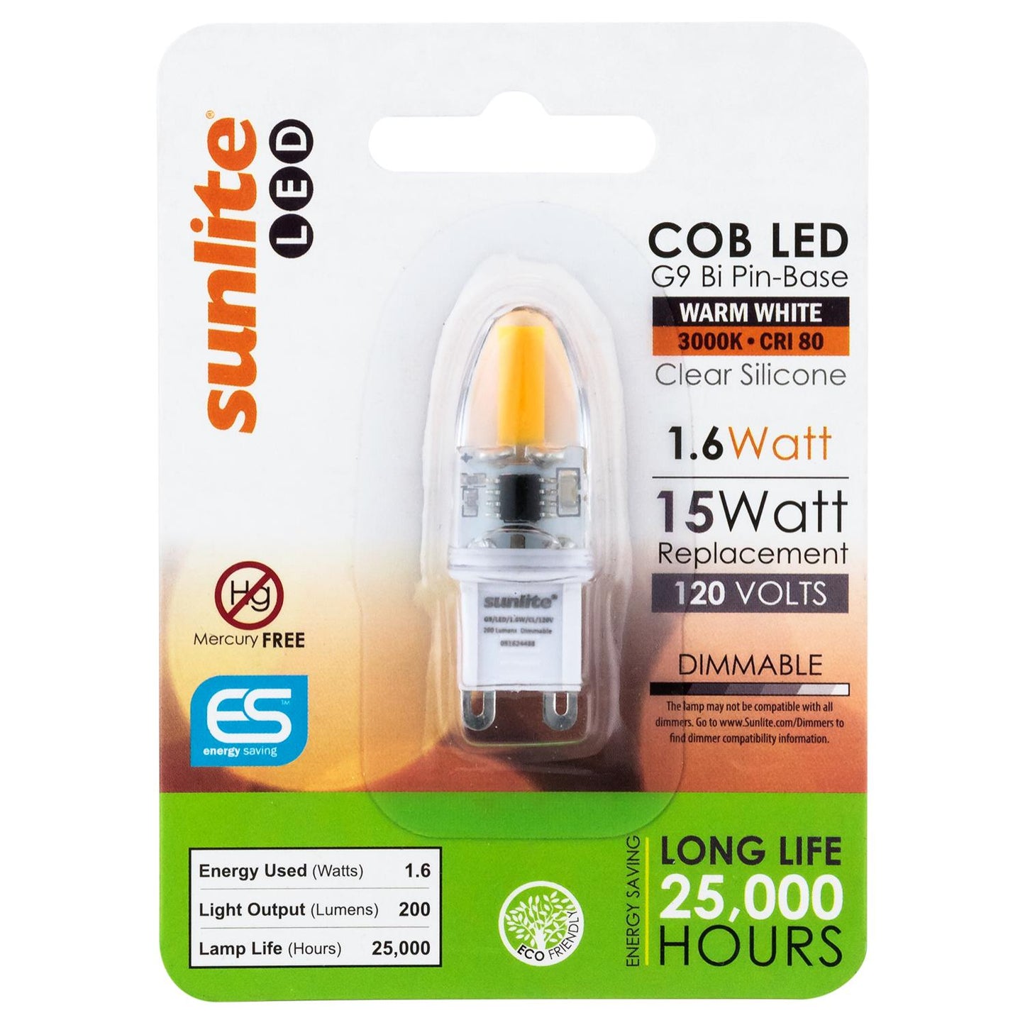 Sunlite G9/LED/1.6W/CL/120V/D/30K/CD LED Single Ended G9 Bi-Pin 1.6W Light Bulb (G9) Base, 3000K Warm White