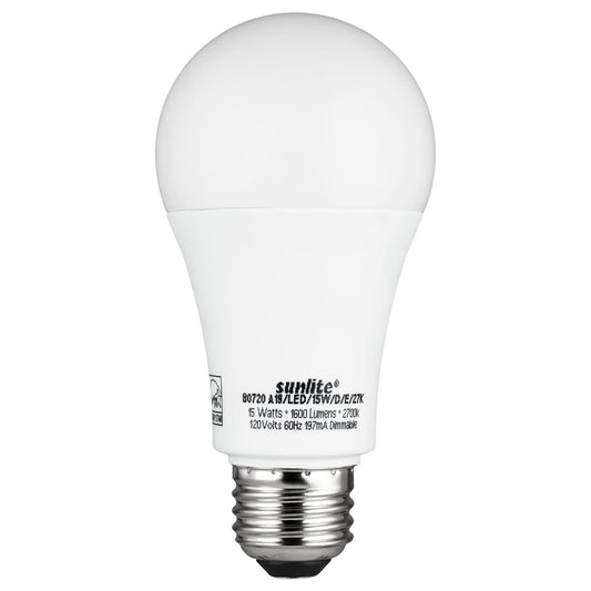 Sunlite A19/LED/15W/D/E/30K Led 15W (100W Equivalent) A19 Light Bulbs, 3000K Warm White Light, Medium (E26) Base