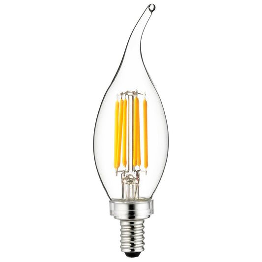 Sunlite 80662-SU LED Filament Chandelier Light Bulb with Flame Tip, 5 Watts  (60W Equivalent), Candelabra Base (E12), Clear, Dimmable, UL Listed, 27K - Warm White 1 Pack