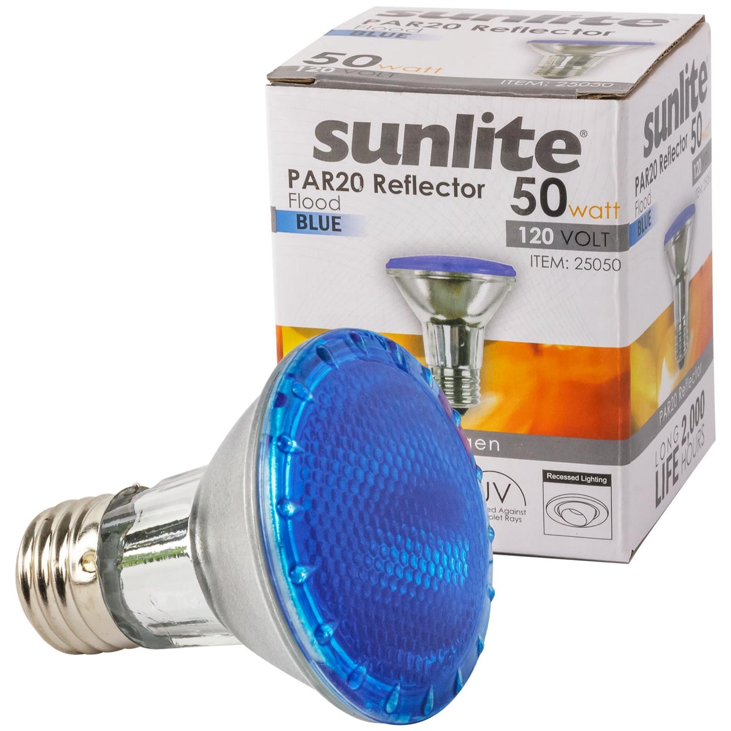 Sunlite 50 Watt, 30° Narrow Flood, Colored PAR20 Reflector, Medium Base, Blue, Halogen