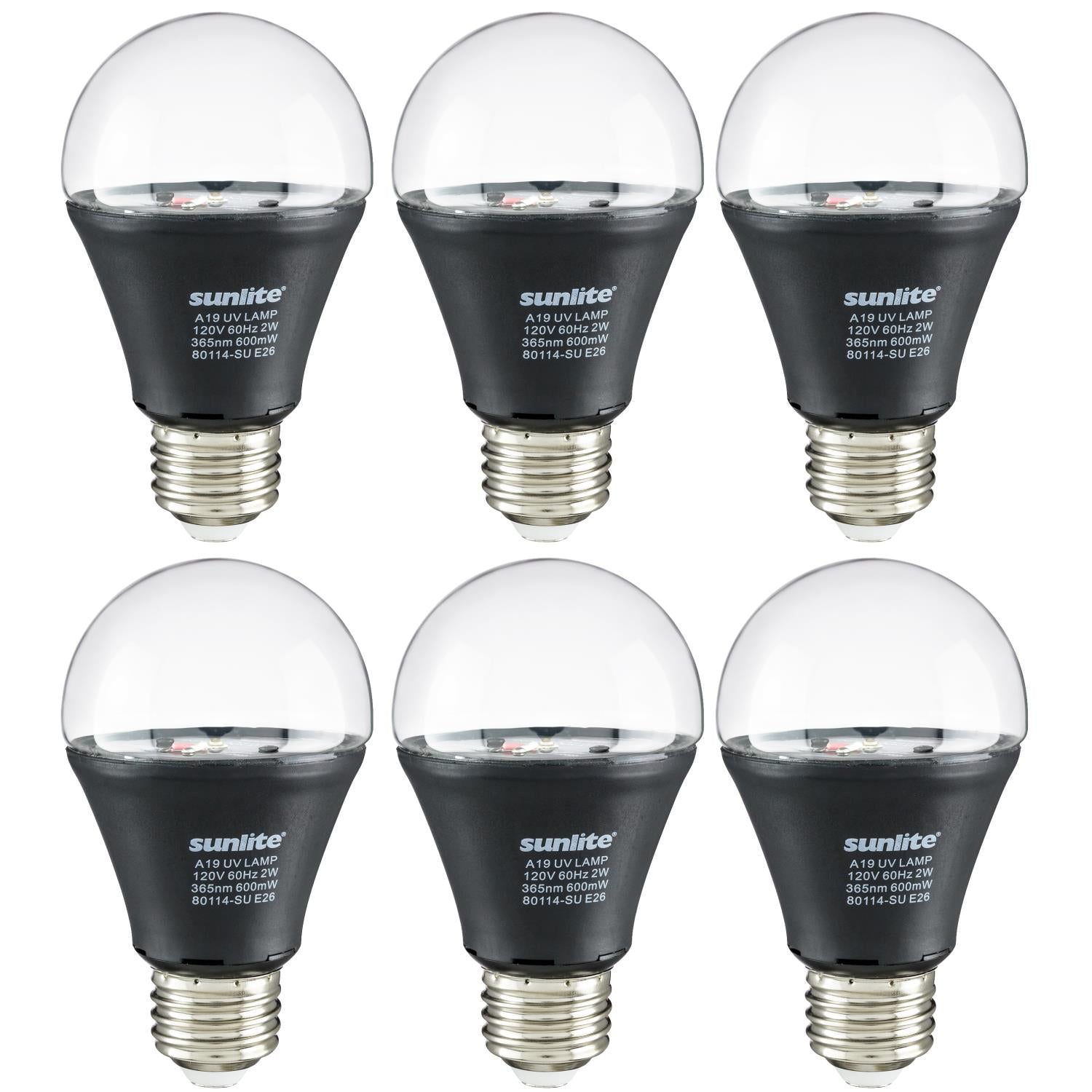 Sunlite 2W LED A19 Black Light Bulb - True 365nm UV Blacklight For Parties, Glow Decor, Security Checks (E26 Base, ETL Listed)