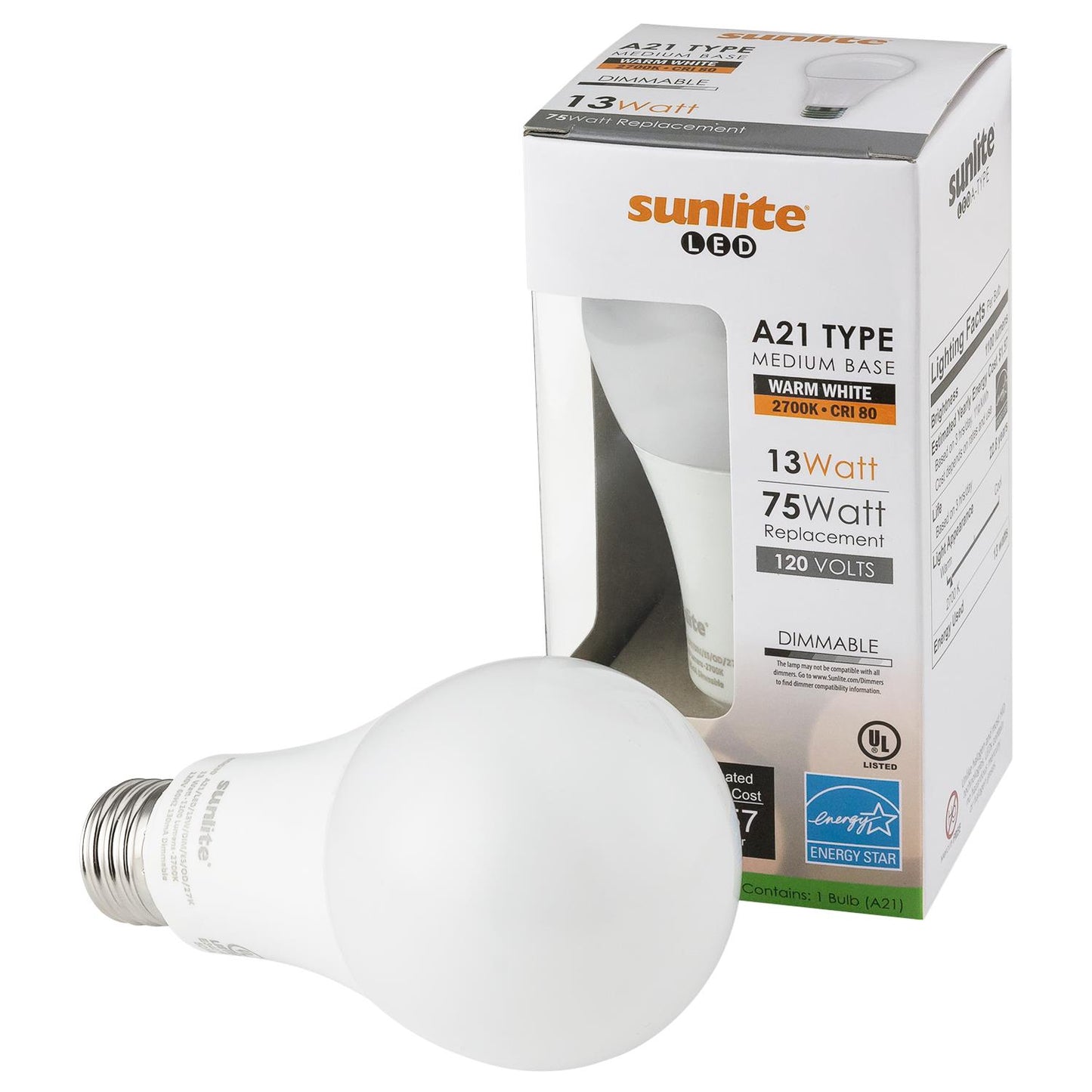 Sunlite LED A Type Household 13W (75W Equivalent) Light Bulb Medium (E26) Base, Warm White