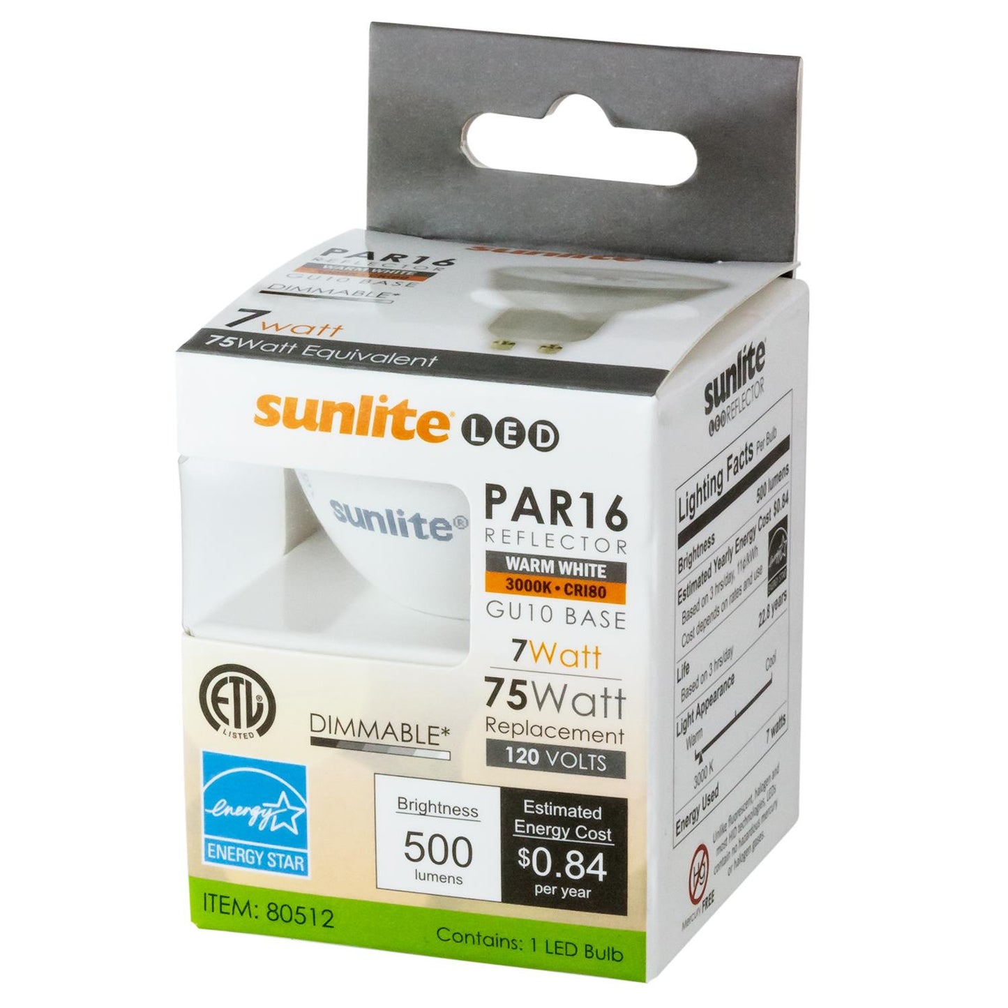 Sunlite LED PAR16 Bulb, Dimmable, 7 Watts (75 W Equivalent), GU10 Base, 2700K Warm White, Energy Star Compatible