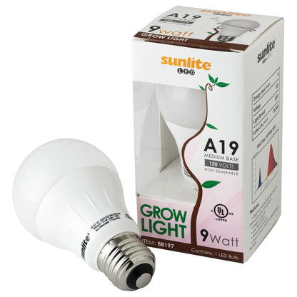 Sunlite A19/LED/PGL/9W LED 9W A19 Grow Plant Light Bulbs, Medium (E26) Base