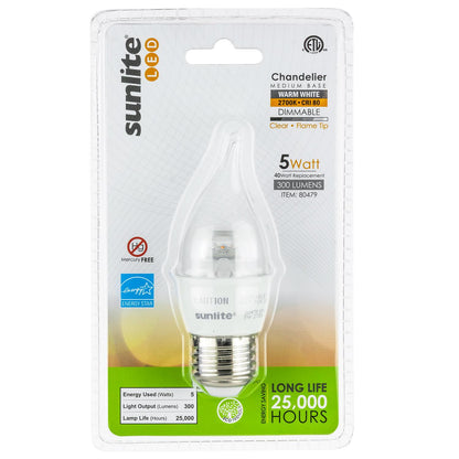 Sunlite LED Flame Tip Chandelier 5W (40W Equivalent) Light Bulb Medium (E26) Base, Warm White