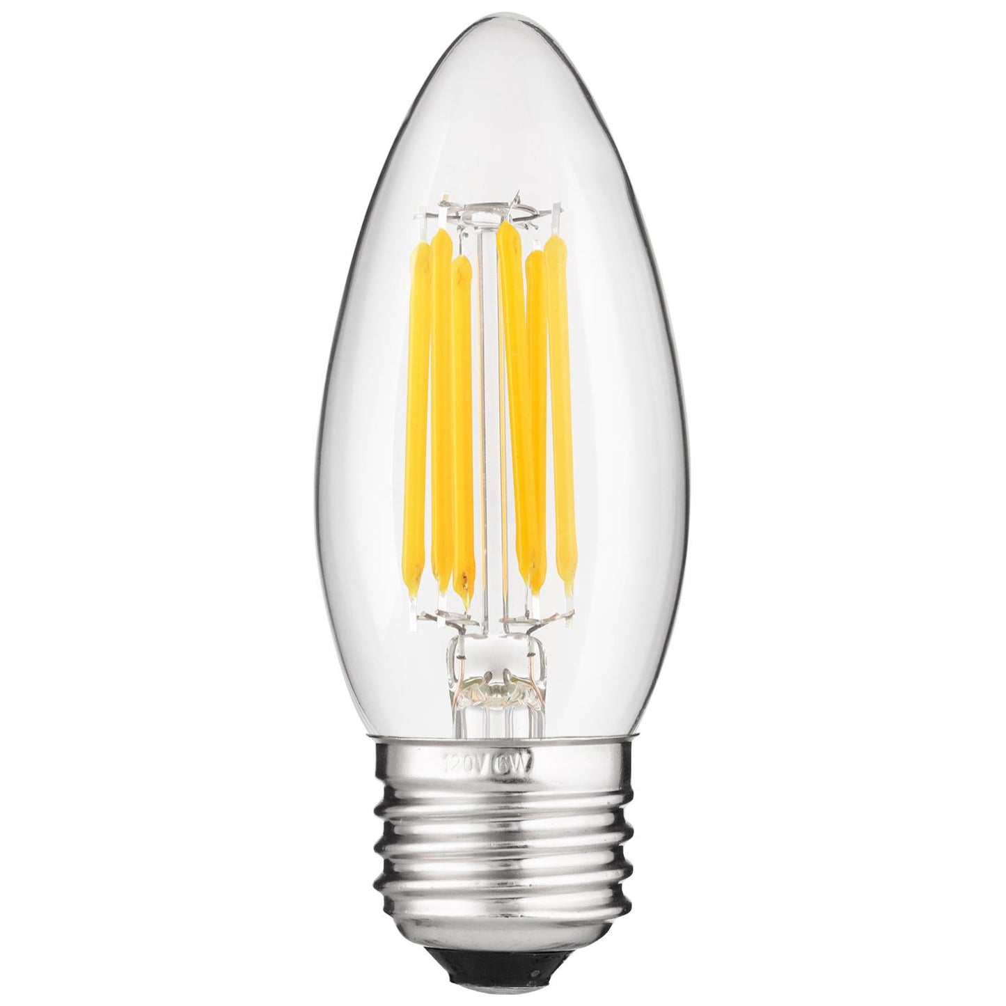 Sunlite LED 6W (60W Equivalent) Clear Filament Styled ETC Chandelier Light Bulbs With Torpedo Tip, 2700K Warm White Light, Medium (E26) Base