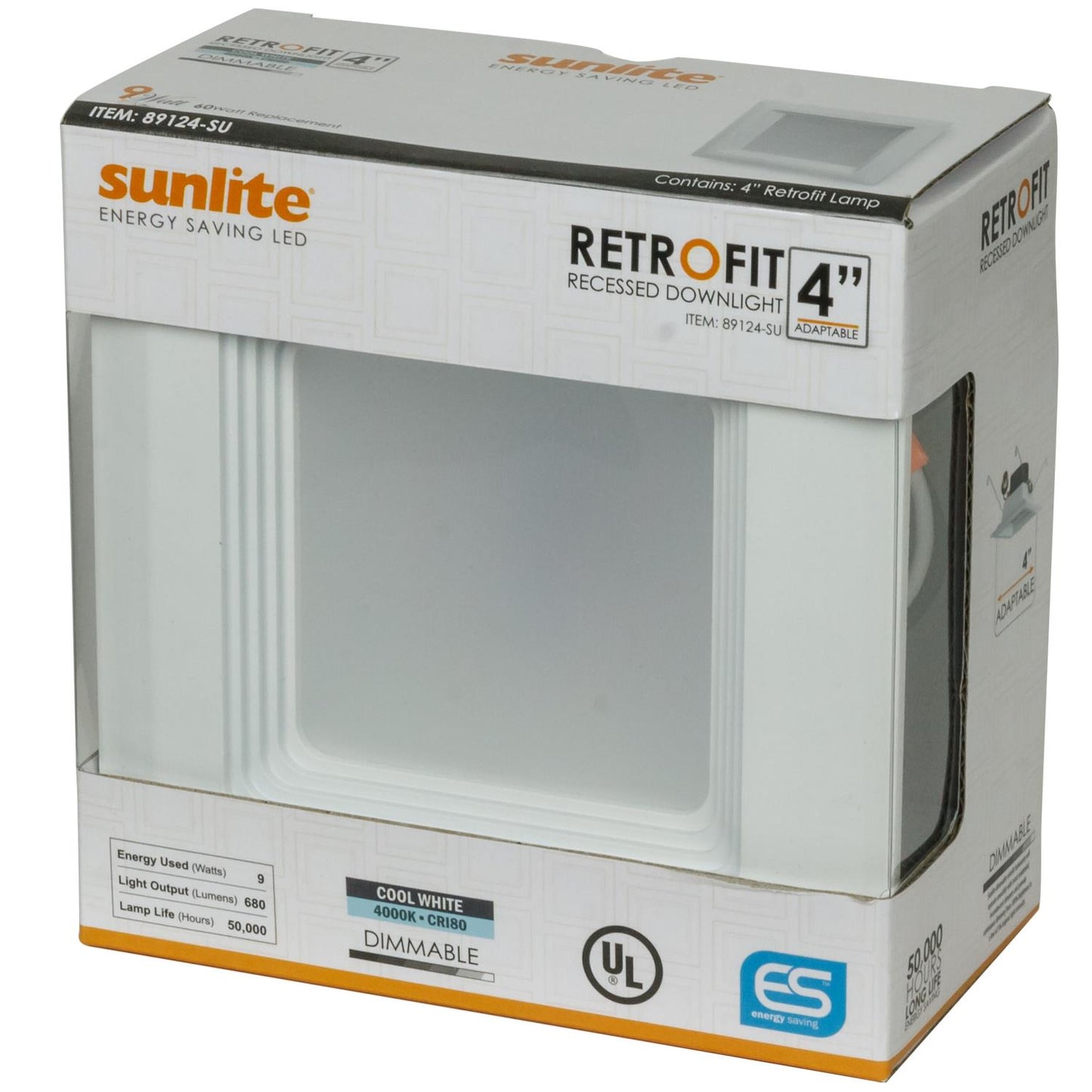 Sunlite 89124 4-Inch Square Recessed Retrofit Downlight, 9 Watts, 630 Lumens, E26 Medium Base, 4000K Cool White, Dimmable, 80 CRI, Energy Star, ETL Listed, For Residential & Commercial Use