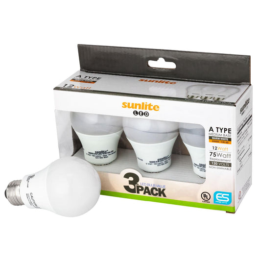 Sunlite 80834-SU LED A19 Standard Household Bulb, Frosted, Cool White 3 Pack