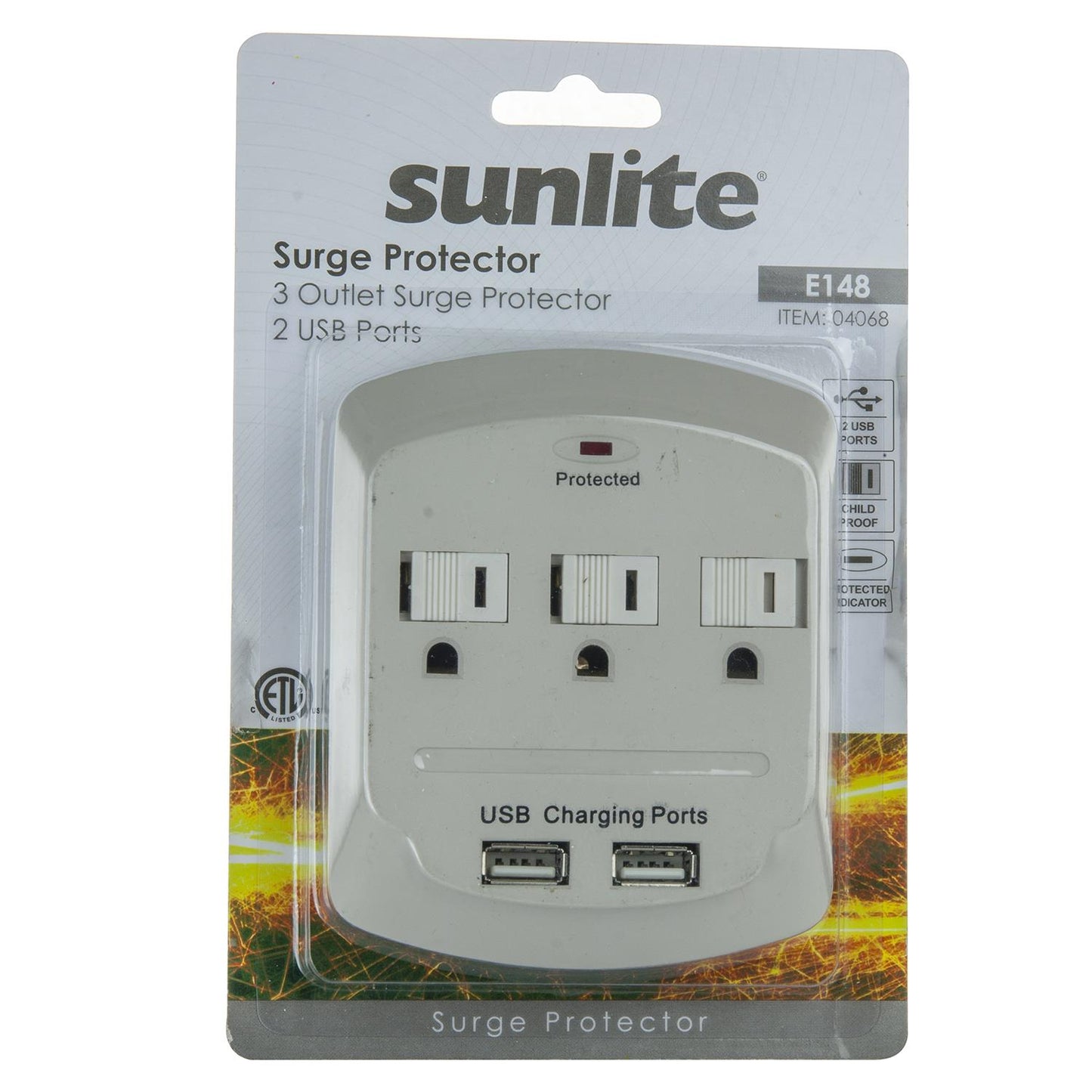 Sunlite E148 3 Outlet Surge Protector with 2 USB Ports