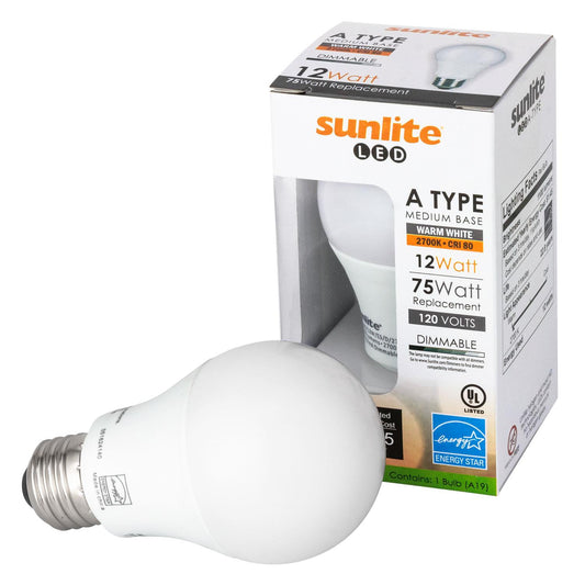 Sunlite A19/LED/12W/ES/D/27K LED A Type Household 12W (75W Equivalent) Light Bulbs Medium (E26) Base, Warm White