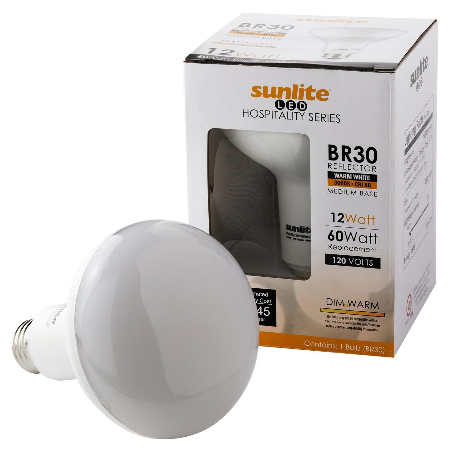 Sunlite LED BR30 Hospitality Series 12W (65W Equivalent) Light Bulb Medium (E26) Base, Warm White