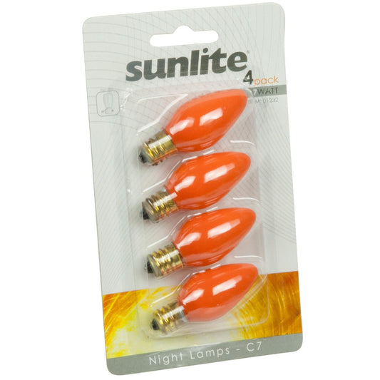 4 Pack Sunlite 7 Watt C7 Colored Night Light, Candelabra Base, Ceramic Orange