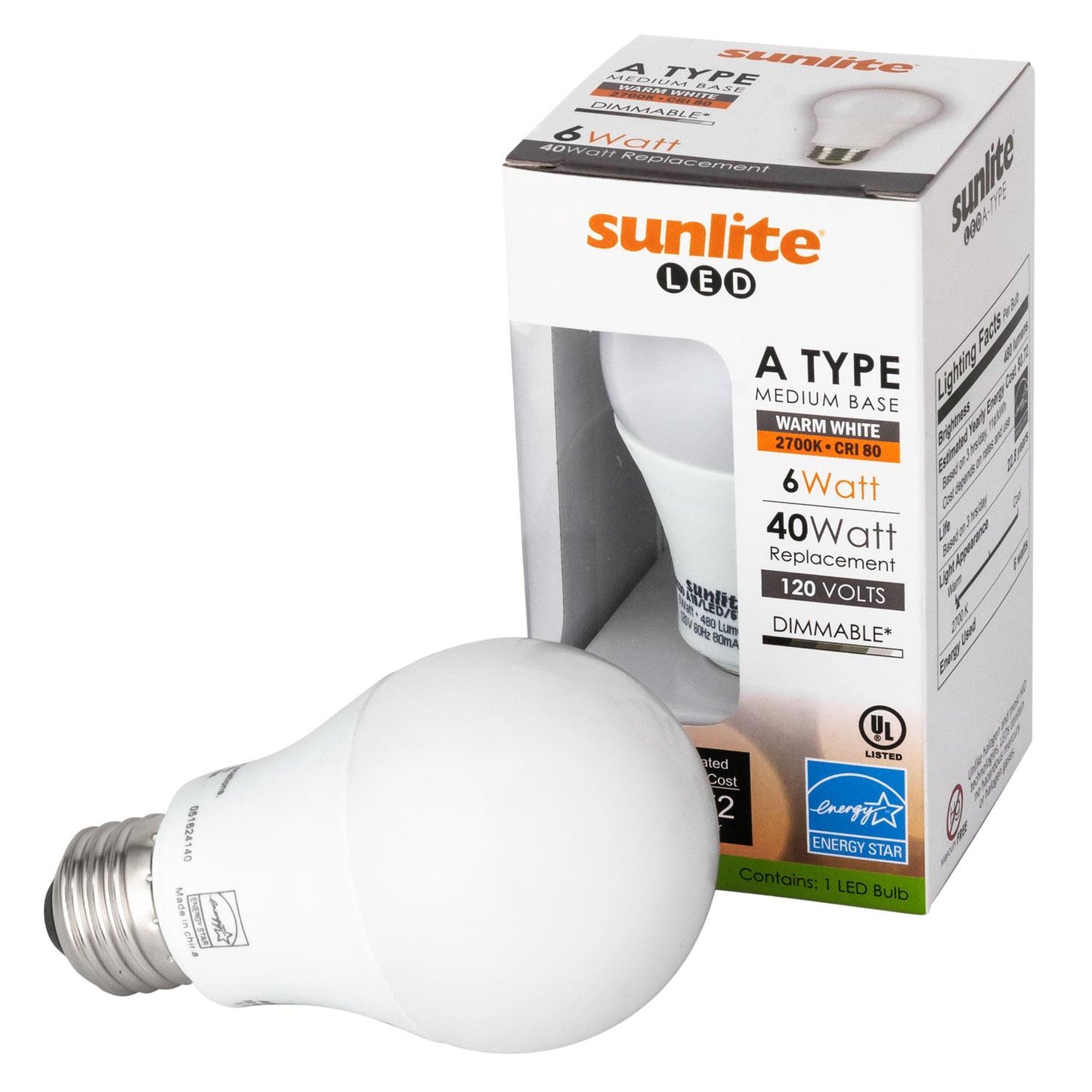 Sunlite A19/LED/6W/E/D/50K LED 6W (40W Replacement) A19 Light Bulbs Energy Star Dimmable, Medium (E26) Base, 5000K Super White